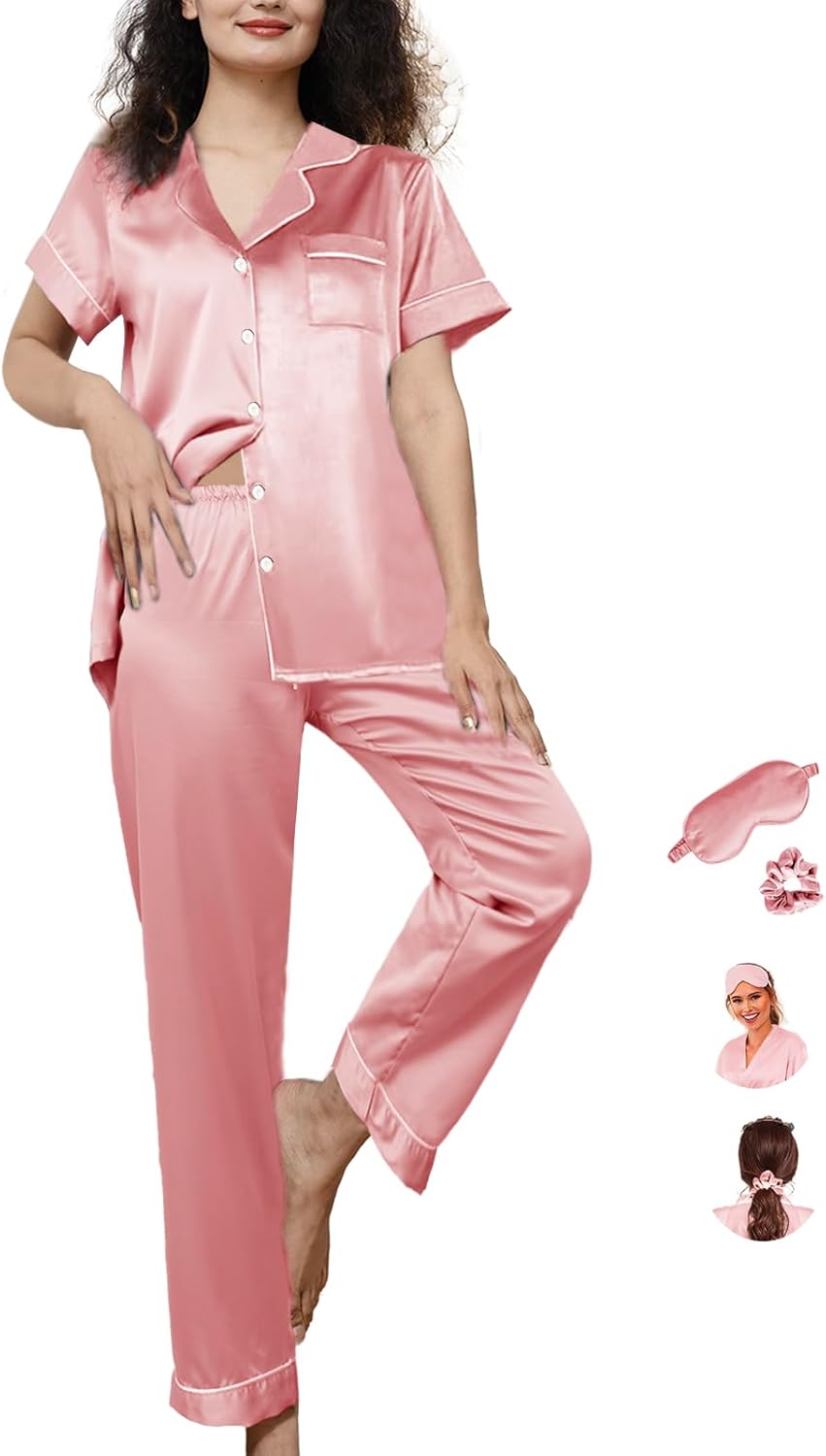 WJing Yi Jia Womens Pajamas Set XS-4XL Silk Satin Pajama Sets Short Pj Sets Button Down Pjs Set Loungewear Sleepwear