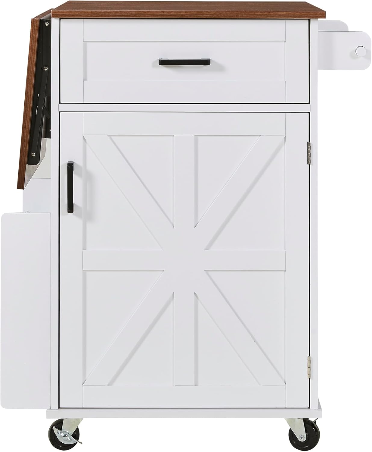 Merax 39.3" Farmhouse Kitchen Island with Drop Leaf, Kitchen Storage Island with Open Side Rack, One Drawer, Towel Rack, Rolling Kitchen Cart with Lockable Wheels for Lawn Garden, White