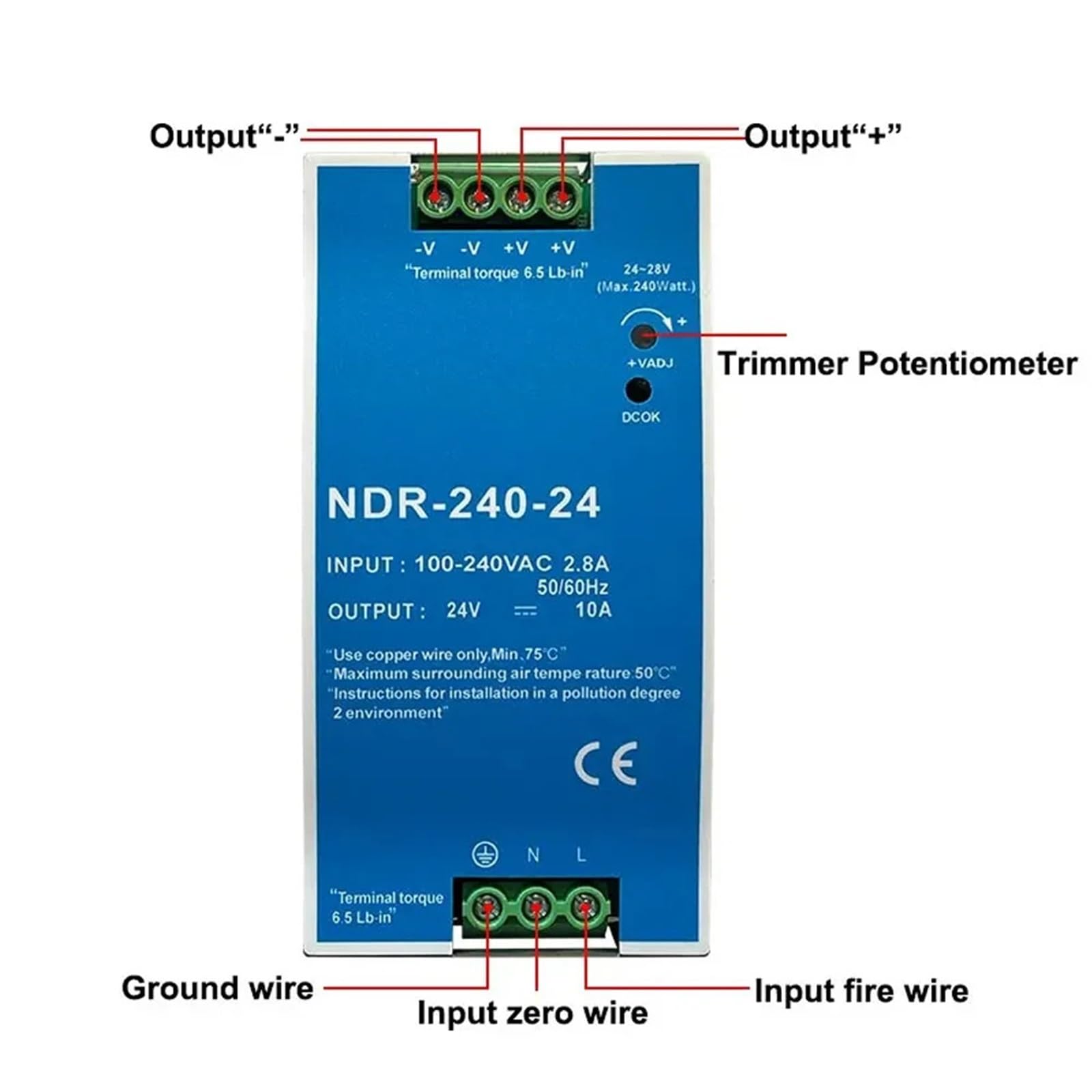 NDR 240 W 24 V 48 V Industrie-Einzelgruppen-Ausgangstransformator 240 VAC Schaltnetzteil 1 Stück(NDR-240W-24V 10A)