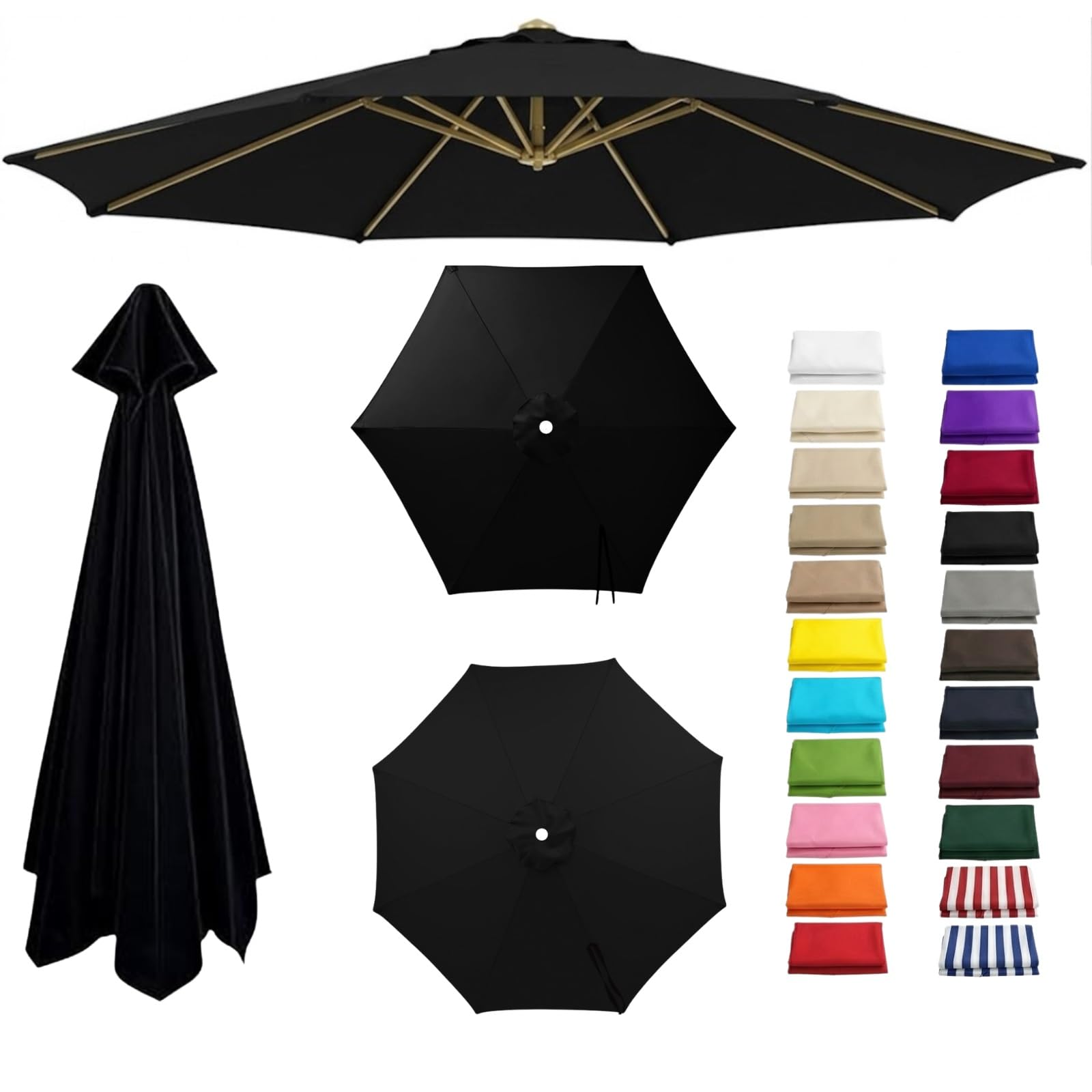 Patio Umbrella Replacement Cover for Cantilever Sunshade 6/8 Arms, 2.0m 2.5m 2.8m 3.3m 4.0m Garden Parasol Canopy Fabric Waterproof, Umbrella Replacement Cover(Black,6-RIBS-8.8FT/2.70m)