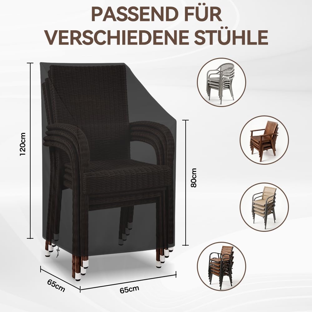 Gartenstuhl Abdeckung, 65x65x80/120cm Schutzhülle für Stapelstühle Winterfest, Wasserdicht & UV-beständig, Oxford-Stoff Gartenmöbel Abdeckung mit Kordelzug für Gartenstühle Balkonstühle (Schwarz)
