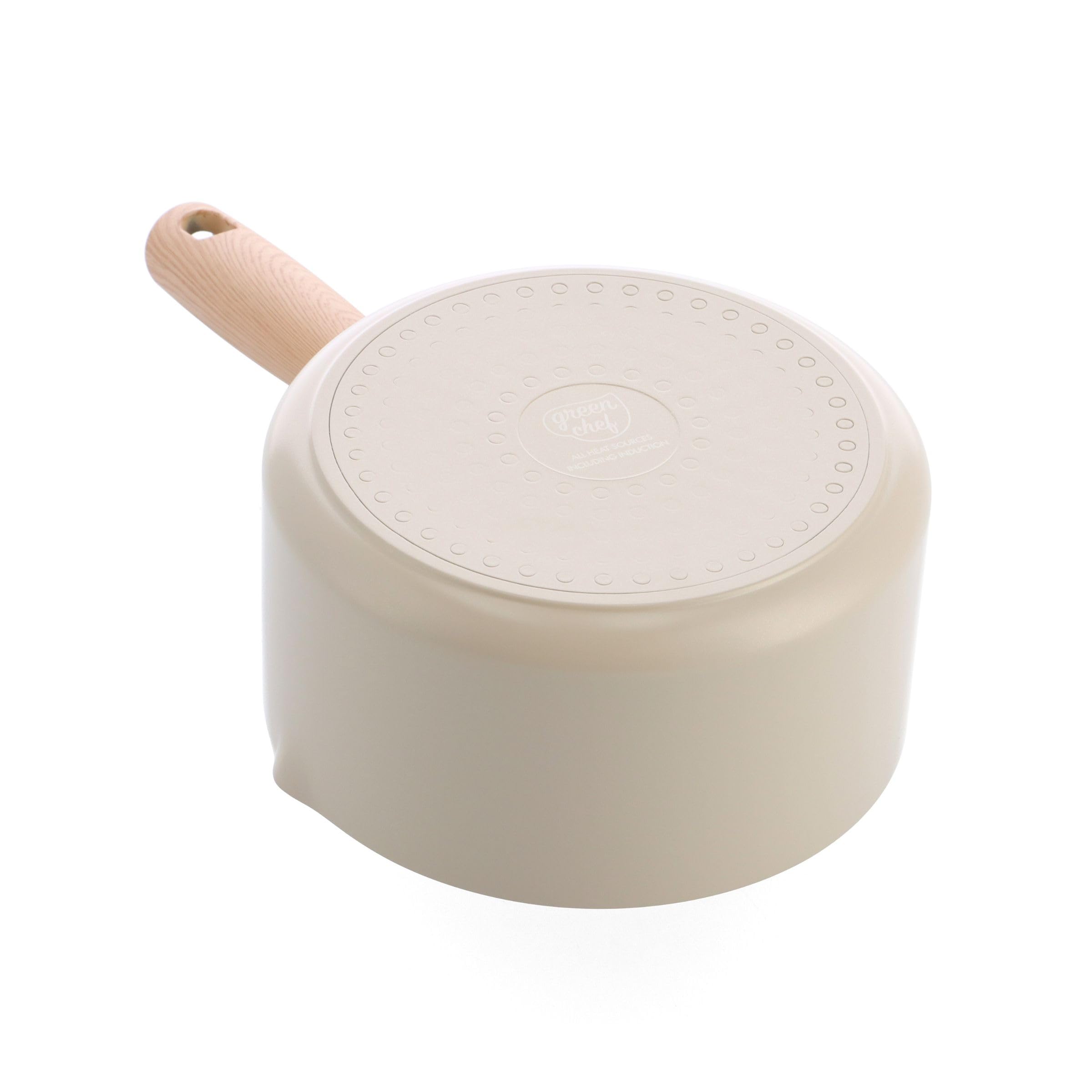GreenChef Nordics Cazo con Revestimiento Cerámico Antiadherente 16 cm, Compatible con Inducción, Mango Efecto Madera, Sin PFAS, Apto para Horno Hasta 220 °C, Apto para Lavavajillas, Crema