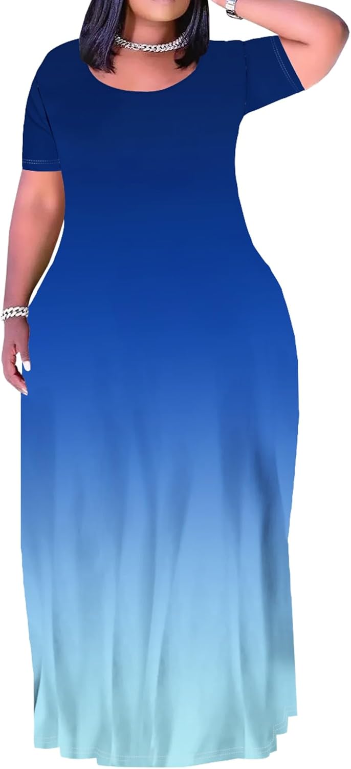 PinkPatty Women's Plus Size Gradient Color Maxi Dresses Short Sleeve Sundress Summer T-Shirt Beach Long Dress with Pockets(Gradient Color17 3XL)