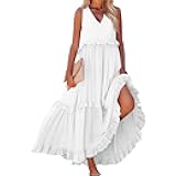 Womens Maxi Dress Sleeveless Sexy Tiered Flowy Summer Tank Dresses Loose Smocked Ruffle Swing Beach Long Sundress