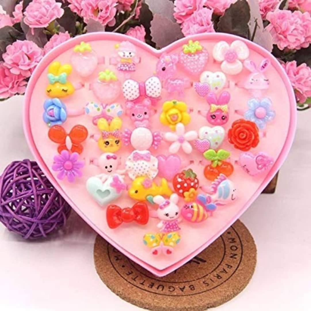 AK Store Cute Adjustable Cartoon Pretend Play Toy Fancy 36 Finger Rings with Bracelet in Heart Shape Box Jewellery Kit for Kids, Girls Birthday Gifts, Suitable for Age 2-10 yrs (Multi Color) 2