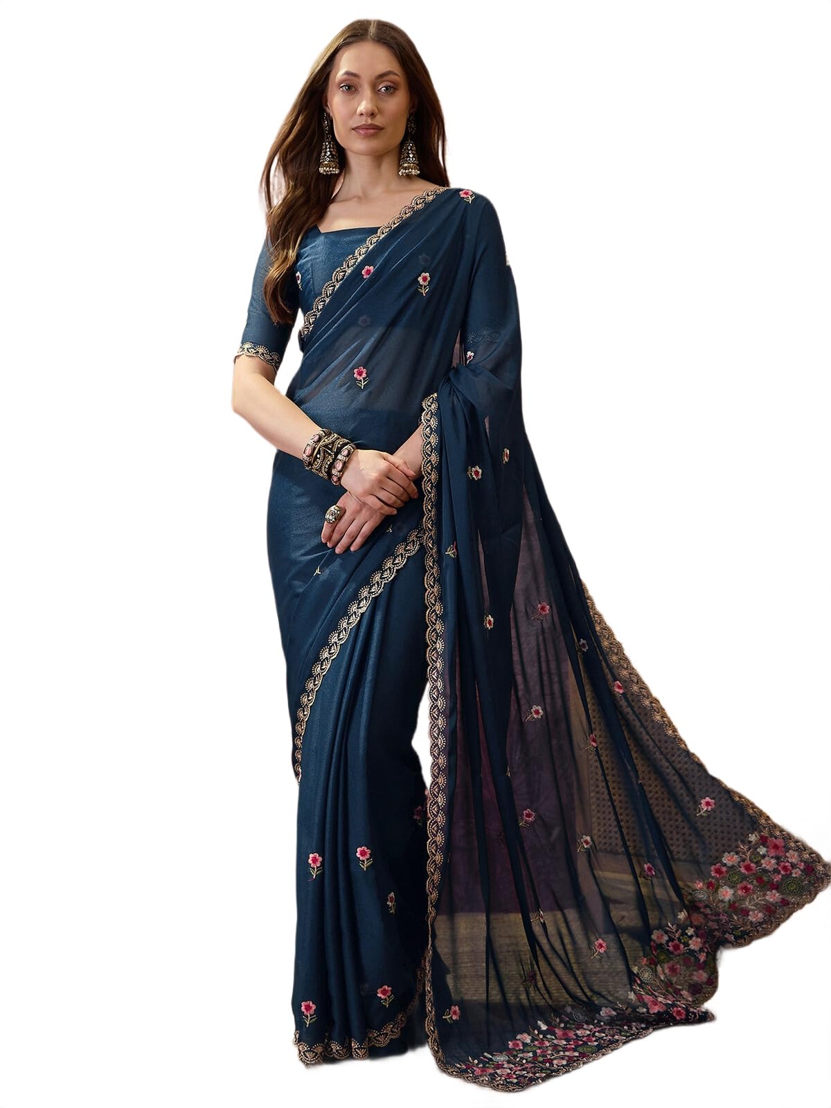 siril Women's Shimmer Georgette Scalloped Border Embroidery Saree with Unstitched Sequins Embroidery Blouse Piece-picture-21