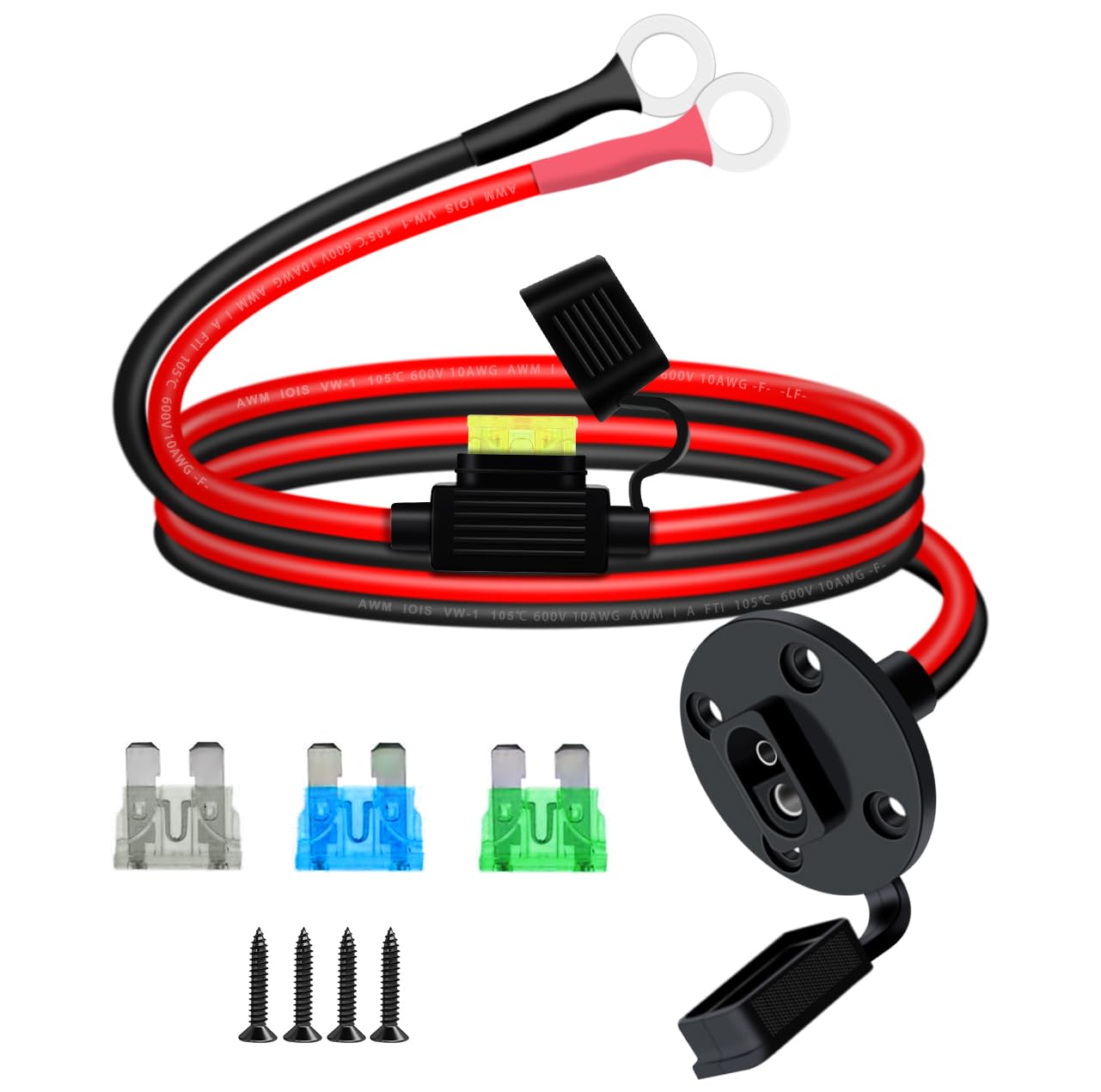 Gniazdo zasilania SAE Port 10AWG 30A SAE ścianka z bezpiecznikiem liniowym i pierścieniami uszczelniającymi 8 mm Gniazdo zasilania słonecznego do motocykli, traktorów i (10 AWG, 2 m)