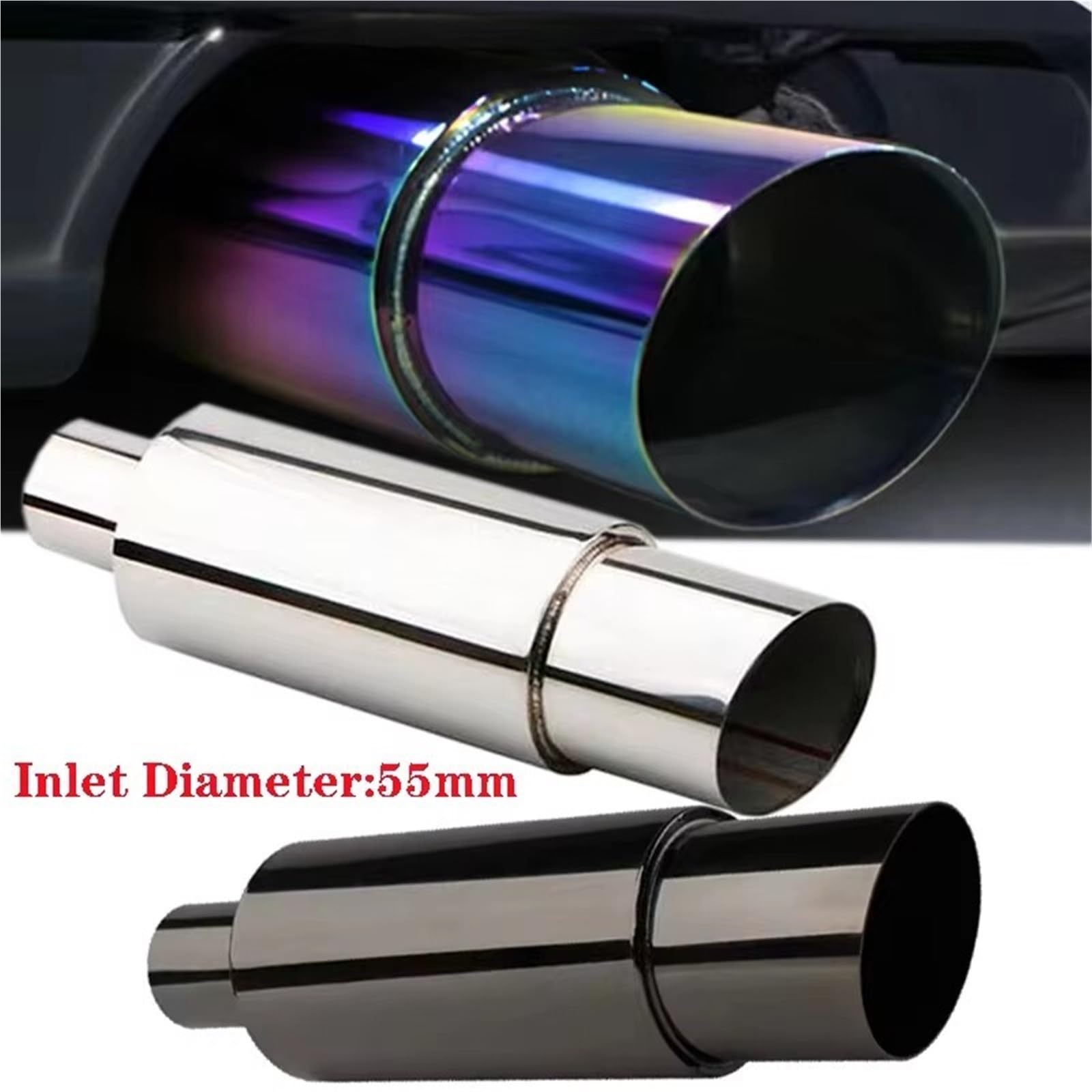 Car Silencer 55mm tłumik wydechowy samochód rura wydechowa ze stali nierdzewnej uniwersalny prosty bęben zagęścić układ(Coloful)