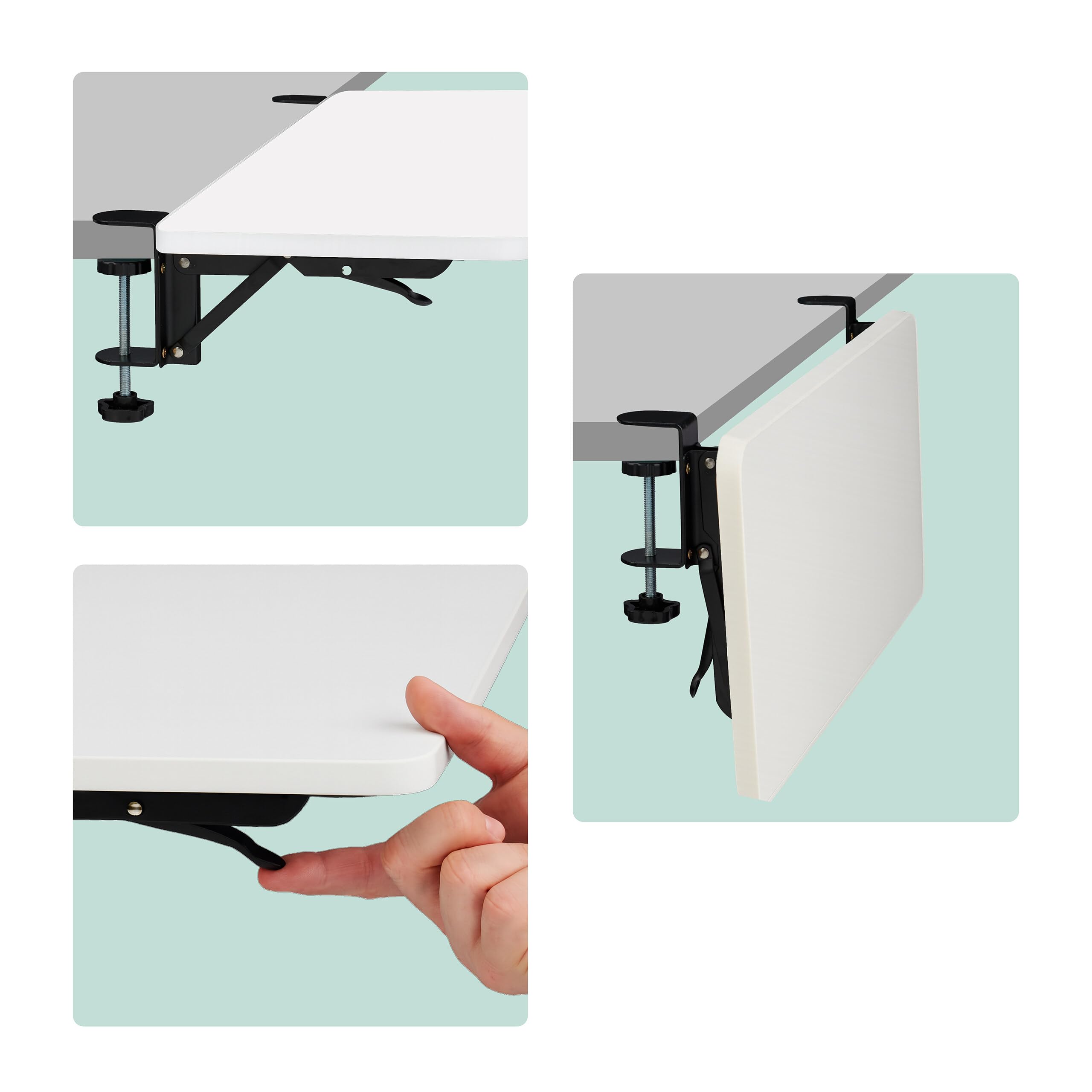 Relaxdays Extensor de Escritorio, 65 x 24 cm, Plegable, Colgar con Pinzas, Bandeja Teclado Ergonómica, Moderno, Blanco