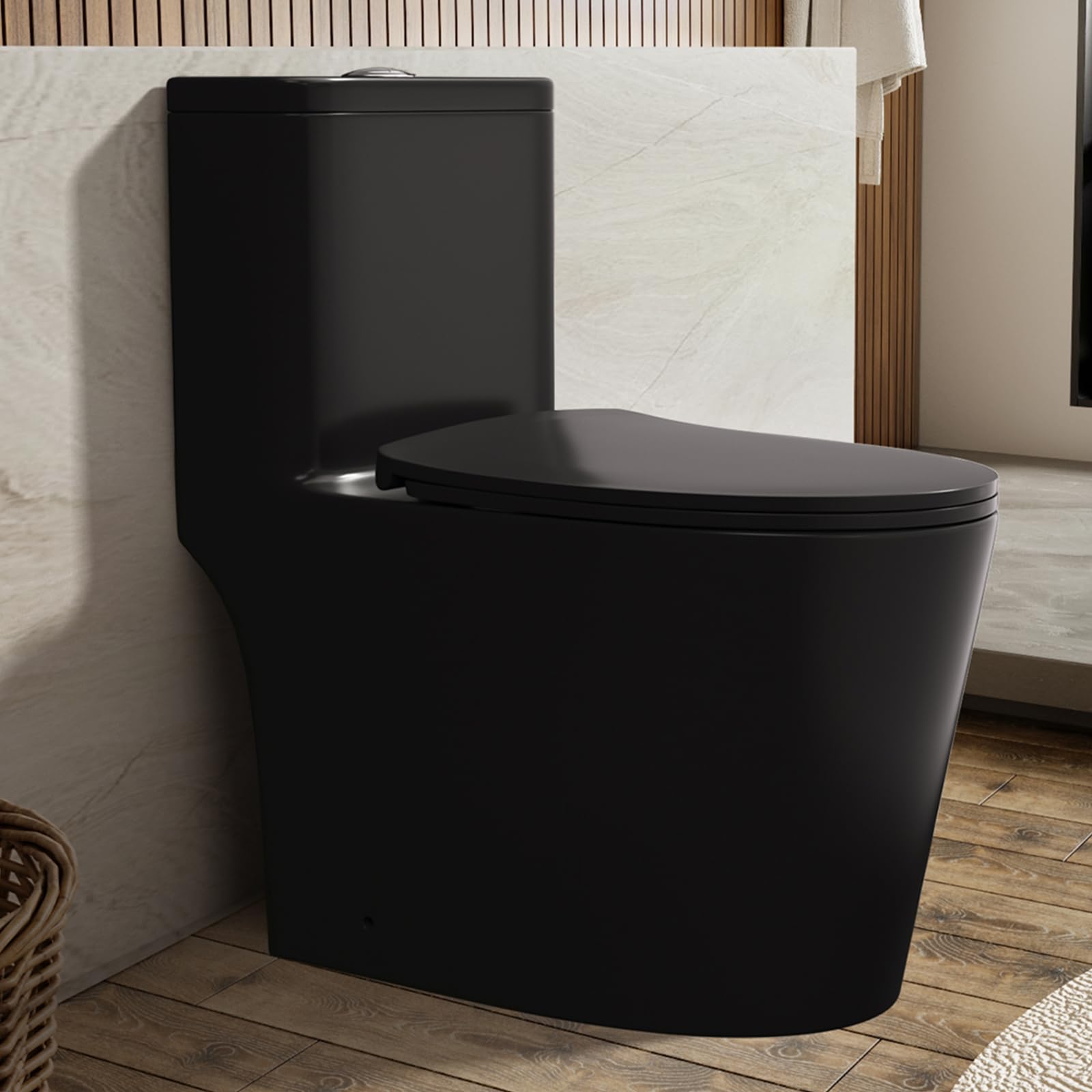GIVINGTREE Dual Flush Elongated Standard One Piece Toilet with Comfortable Seat Height, Powerful &amp; Quiet Dual Flush Modern Toilet, 12'' Rough-In, Matte Black，6636