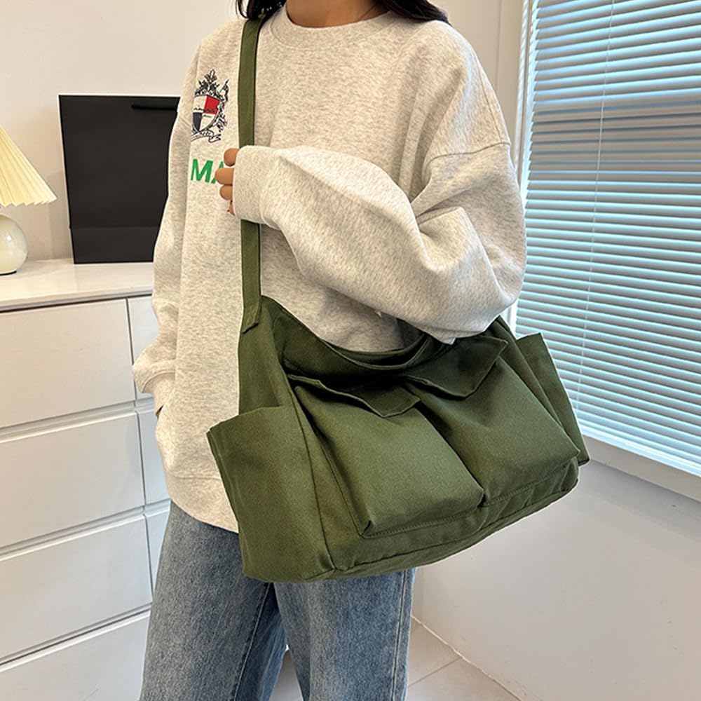 Canvas Messenger Bag Large Crossbody Bag with Multiple Pockets Canvas Shoulder Tote Bag for Women and Men - Image 2