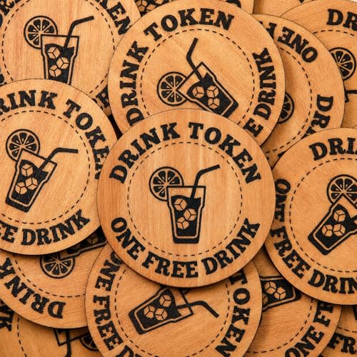 Image of Marsui 100 Pcs Wooden Drink Tokens Bulk for Wedding Personalised Drink Tickets Poker Chips for Guest Wedding Favours Beverage Birthday Parties Bar Table Decoration Supplies (Iced Drinking Cup Pattern)