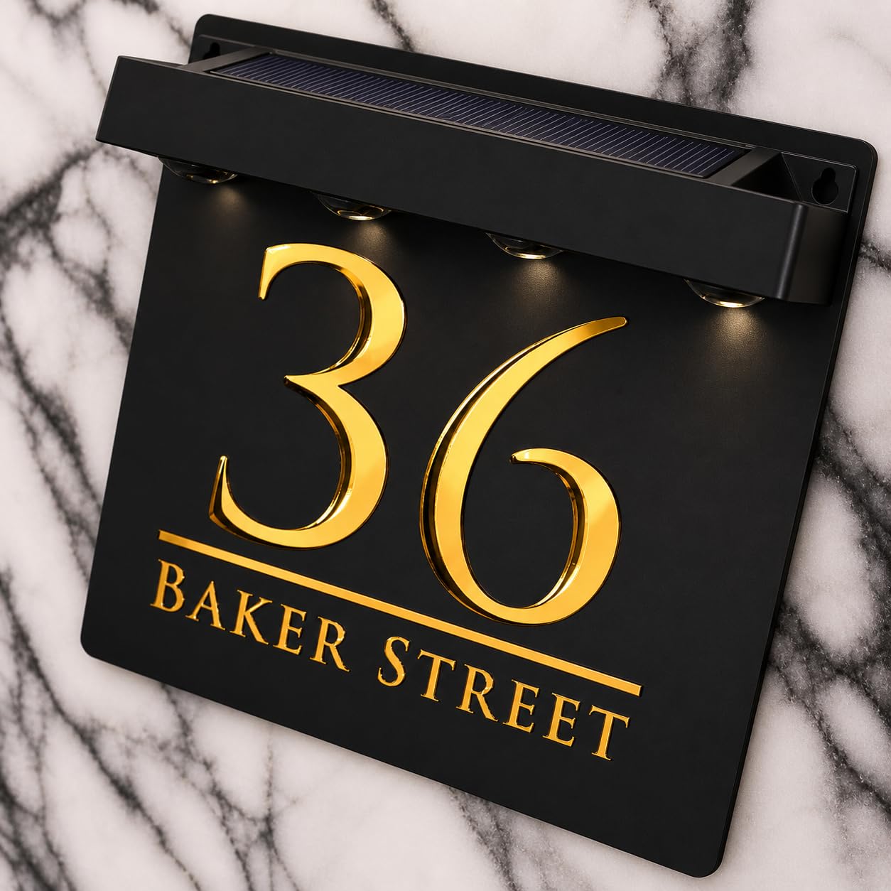 K Smart Sign | Bellissima S1 LED F32 | Square Solar Light House Signs Door Number Plaques With LED Personalised Name Address Sign For Wall With Classic Text (Matt Black & Gold Mirror)