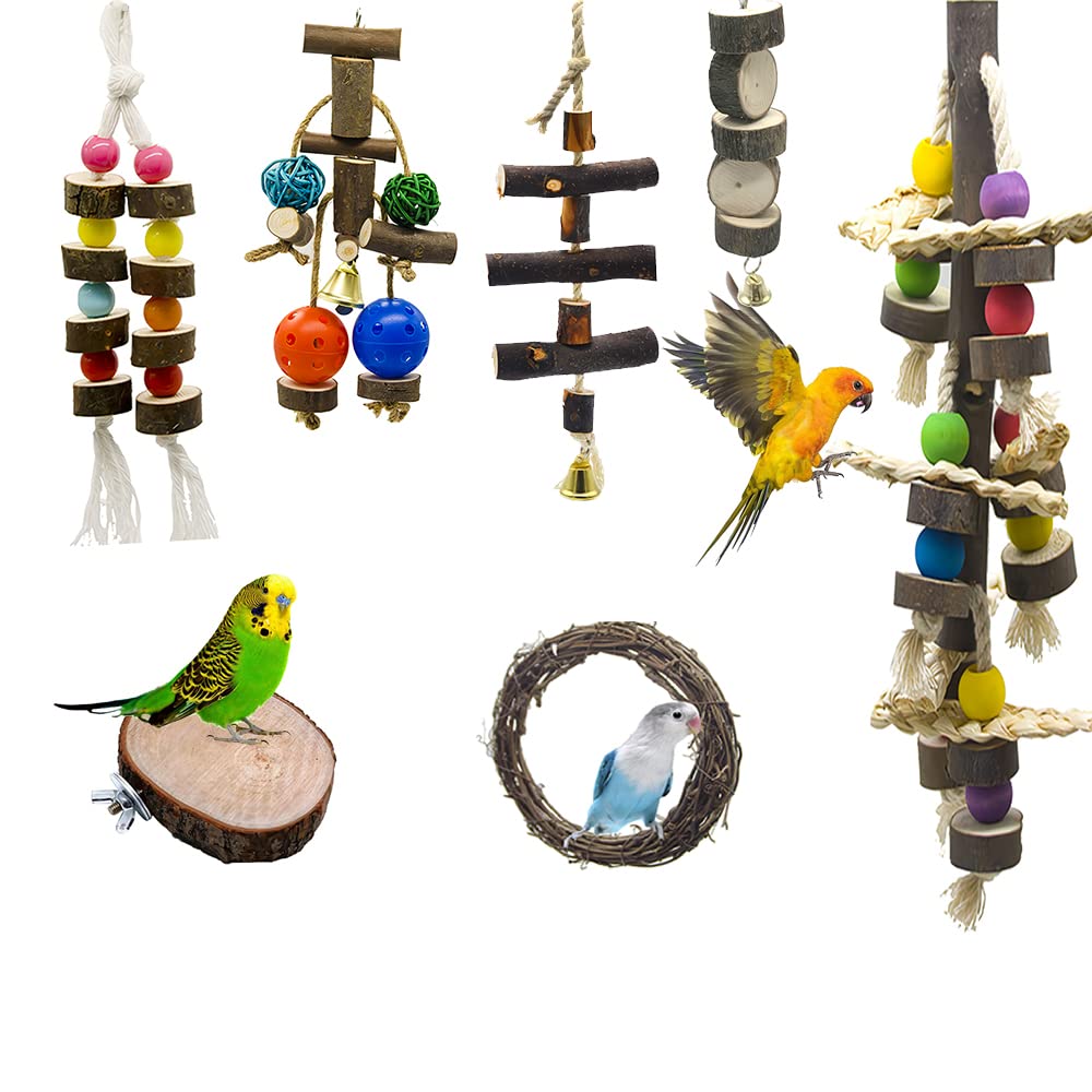 7 Pcs Birds Toys Set for Birdcage, Parrot Chewing Toy Kit Swing Climbing Ladders Wooden Perch Rattan Ball Birds Crate Toys for Small Parrots Parakeets Cockatiel Conures Finches Budgie Macaws Lovebirds