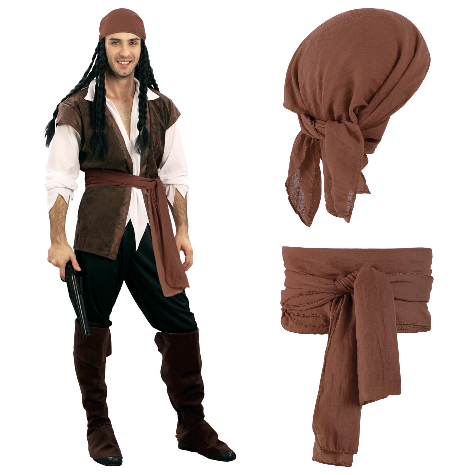 DAMILY Piratenkostüm Damen Herren Piraten Verkleidung Accessories Kostüm-Outfits Kopftuch Hut Zubehör Schärpe Gürtel Schal Bandana Taillengürtel für Halloween Cosplay Karneval
