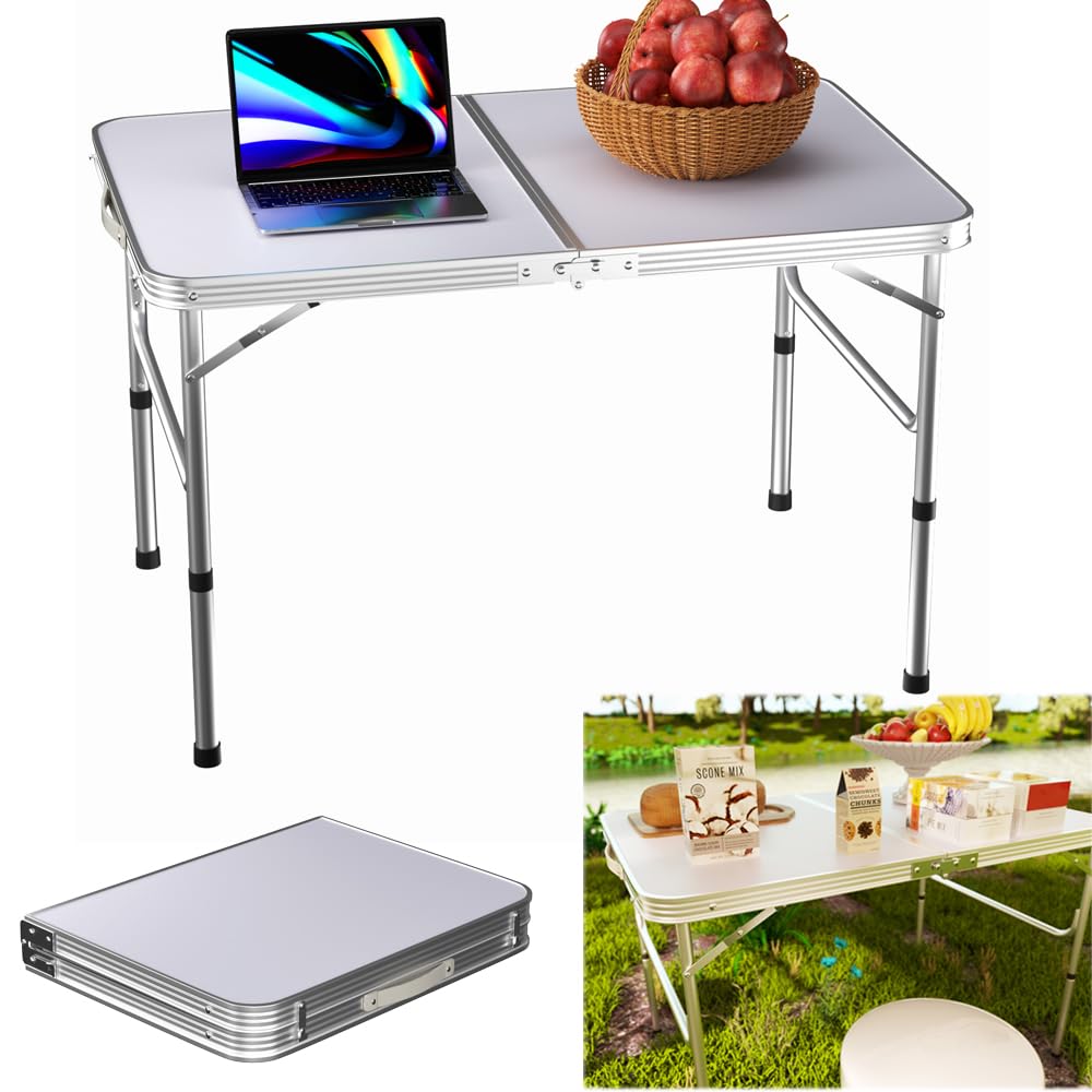 Qimu 90cm Folding Table,Camping Table Portable Picnic Table Lightweight Aluminum Folding Dining Table Outdoor Garden Small Fold Up Dining Desk for Party BBQ Outdoor Camping Cooking