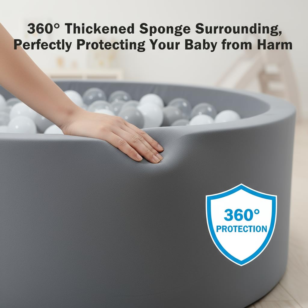 Foam Ball Pit for Toddlers - 36.5" x 13.2" Toddler Ball Pit (Includes 150 Balls),100% Cotton Cover & High-Resilience Memory Foam, Machine Washable, Foldable for Indoor/Outdoor (Grey)