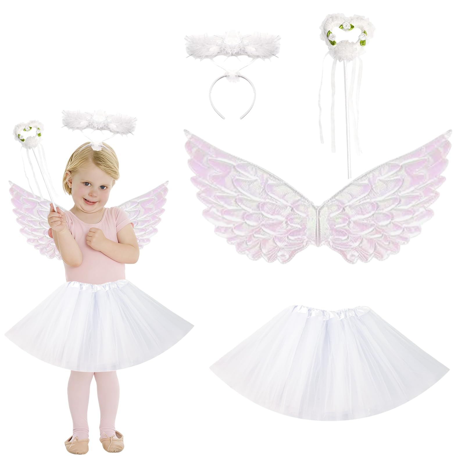GWAWG Costumes Girls Angel,Tutu Skirt Angel Wings and Halo Angel Wing Wand,Fancy Dress for Carnival Christmas Nativity 4-12 Years (White)