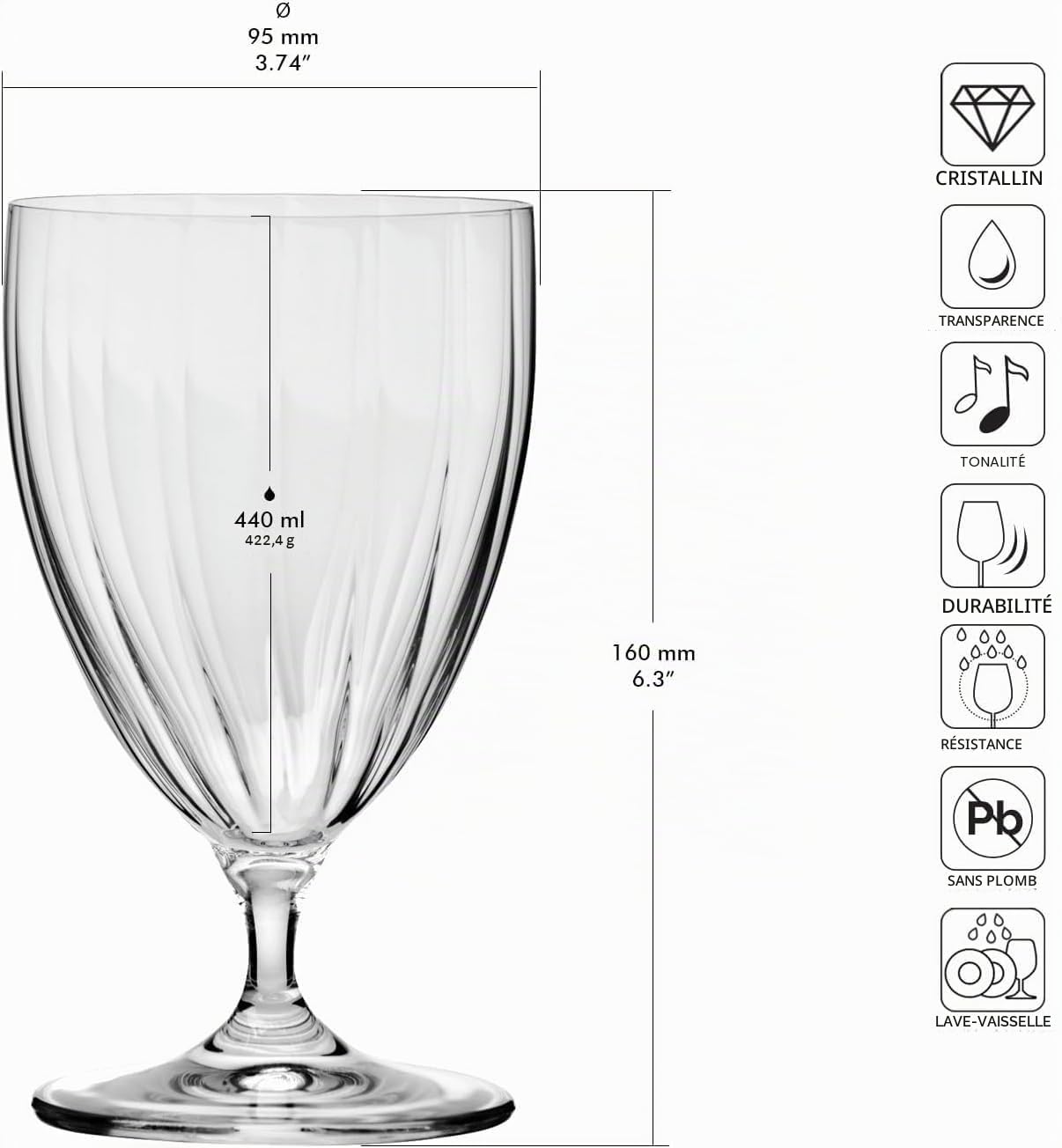 Krosno Verres à Eau, Boire Lot de 4, 440 ml, Collection Prima LUMI