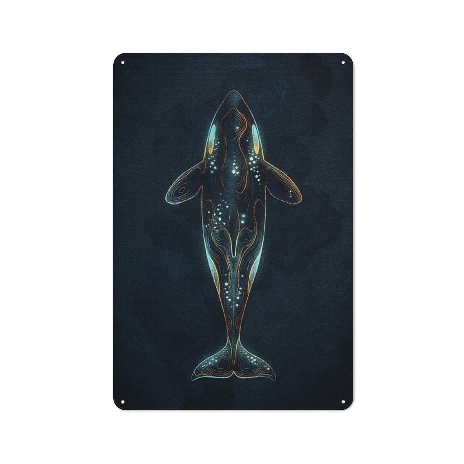 Junmoney Style-14 Vintage Abstract Orca Whale Illustration Metal Plaque 30X20cm, Diner Style Decor For Bakery, Diner, Cafe Or Family Room