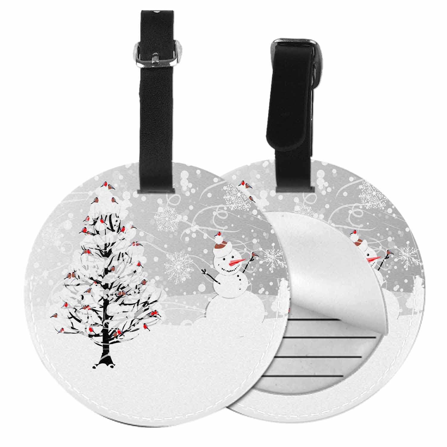 TKS MITLAN Winter Tree and Bullfinches Luggage Tag for Suitcases Women Christmas Design PU Leather Bag Travel Suitcase ID Identifier Round Baggage Tags (1 Pack)