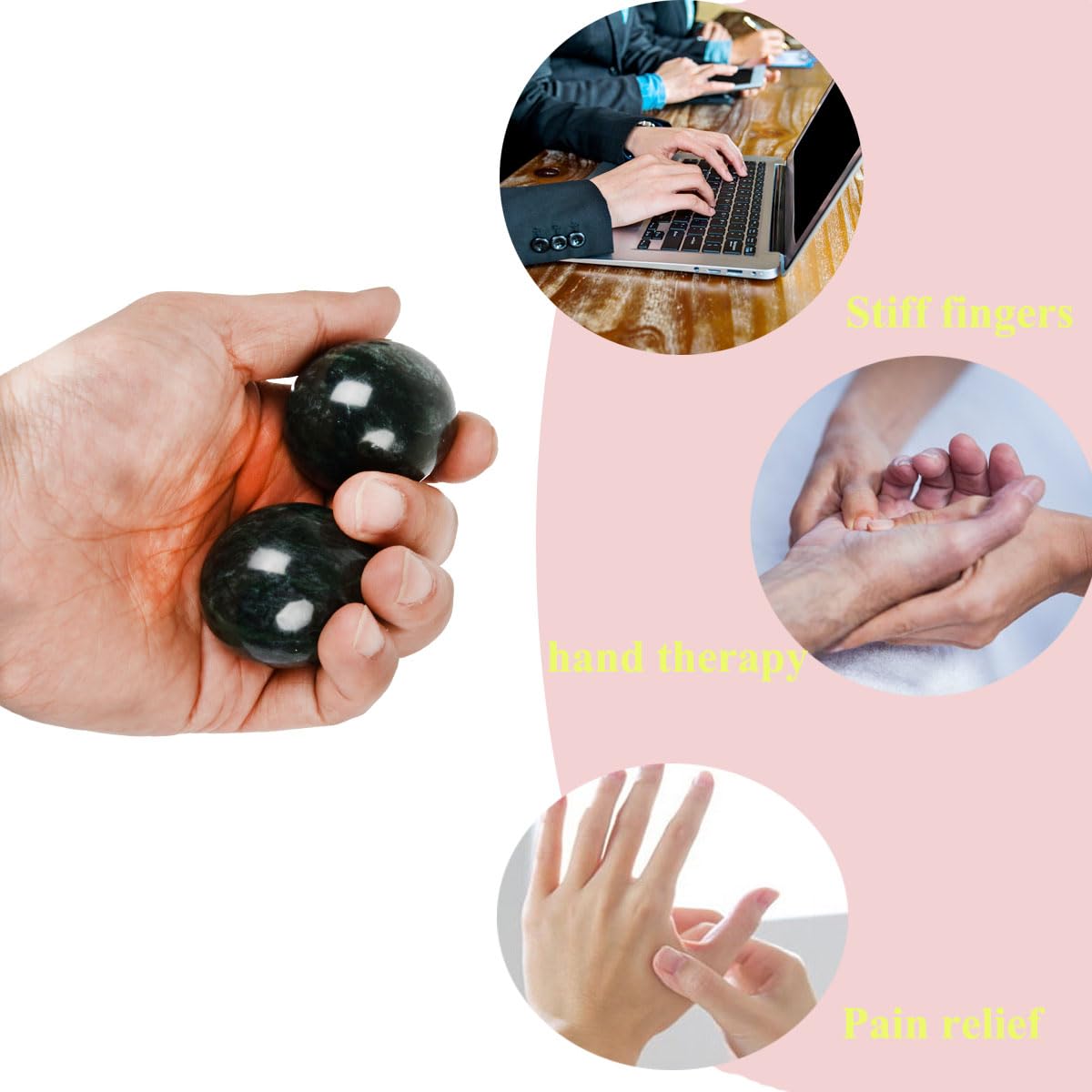 Bolas de mármol natural de bolas tradicionales chinas para el cuidado de la salud, paquete de 2 bolas de masaje de 1.6 pulgadas para masaje de manos, meditación, alivio del estrés (verde