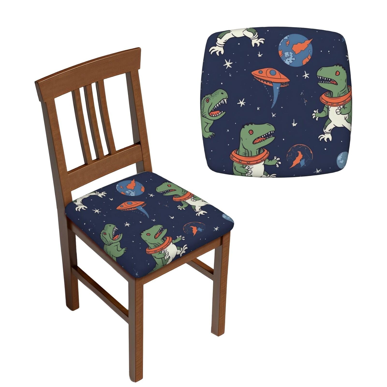 FodPand 6PCS Dining Chair Covers for Dining Room Funny Astronaut Dinosaur Rocket Chair Seat Cover Stretch Parsons Chair Slipcover Removable Washable Seat Cushion Slipcovers Cover for Kitchen Office