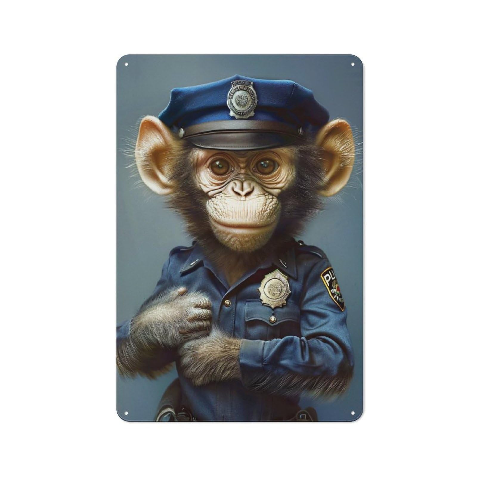 Junmoney Style-3 Rustic Monkey In Police Uniform Portrait Tin Wall Plaque 30X20cm, Rustic Kitchen Decor For Cottage, Kitchen, Hallway Or Breakfast Nook