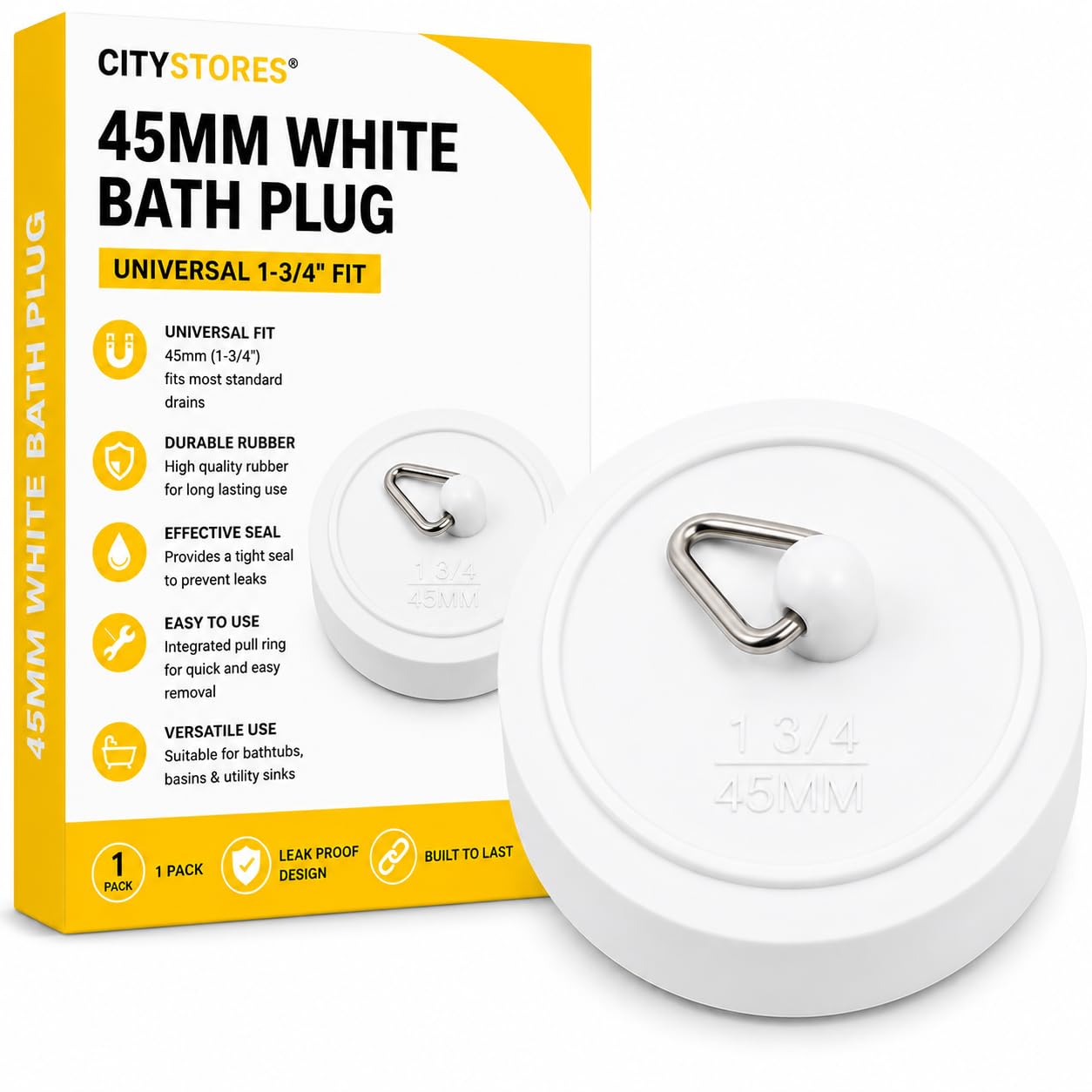 Citystores White Citystores® 45Mm Bath Plug – Universal Rubber Bath & Basin Plug 1¾" (45Mm) Sink Stopper For Bathtubs, Basins & Utility Sinks