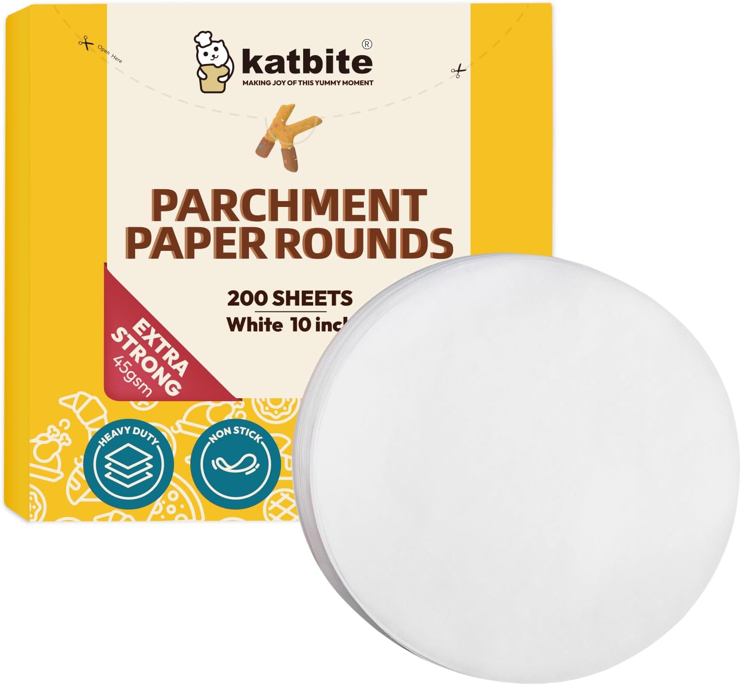 Katbite Heavy Duty Parchment Rounds 10 Inch, 200Pcs Round Parchment Paper Rounds, Use for Cake Baking, Air Fryer Liners, Separating Frozen Patty, Toaster Oven, Tortilla Press