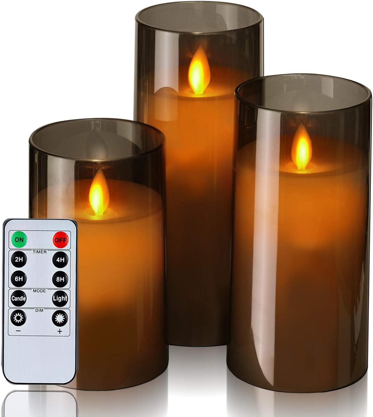 Homemory Gray Flickering Flameless Candles, Battery Operated Acrylic LED Pillar Candles with Remote Control and Timer, Set of 3…