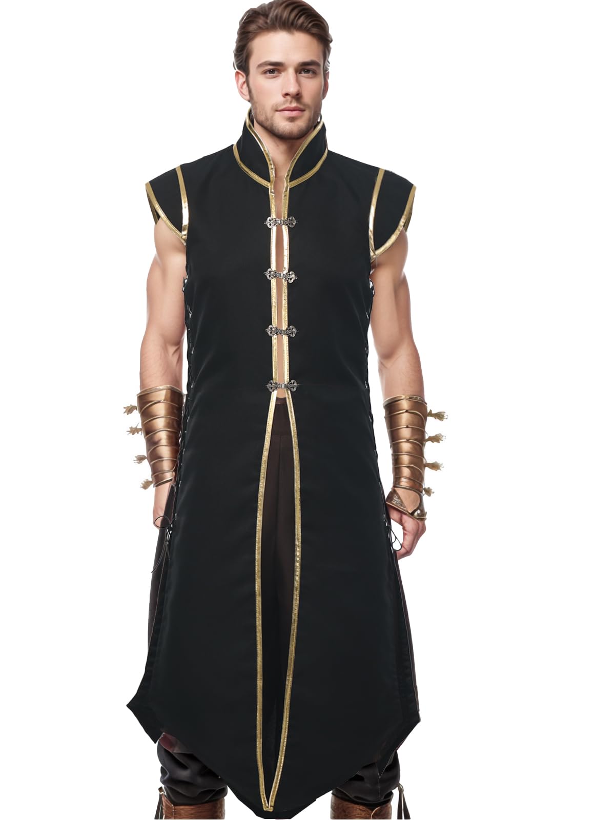 UniqKaliber Mens Medieval Viking Vest, Renaissance Waistcoat Costume Vintage Sleeveless Jacket Long Knight Surcoat