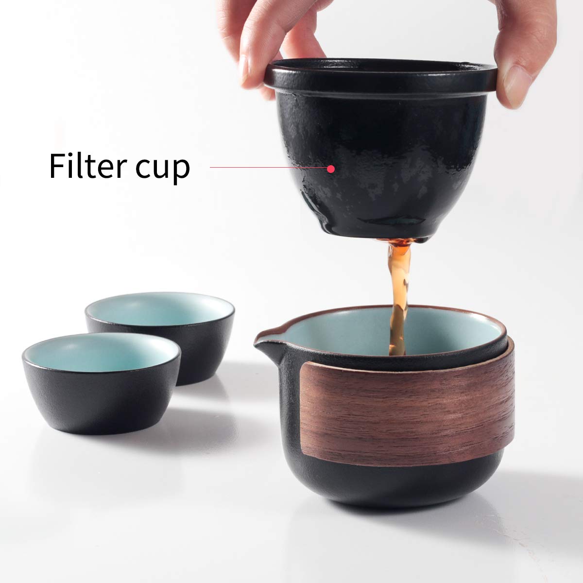 Set di mini teiera da viaggio in ceramica cinese per kung fu, 1 pentola, 2 tazze, tazze da tè in porcellana con infusore per tè, borsa portatile per picnic all'aperto (nero)