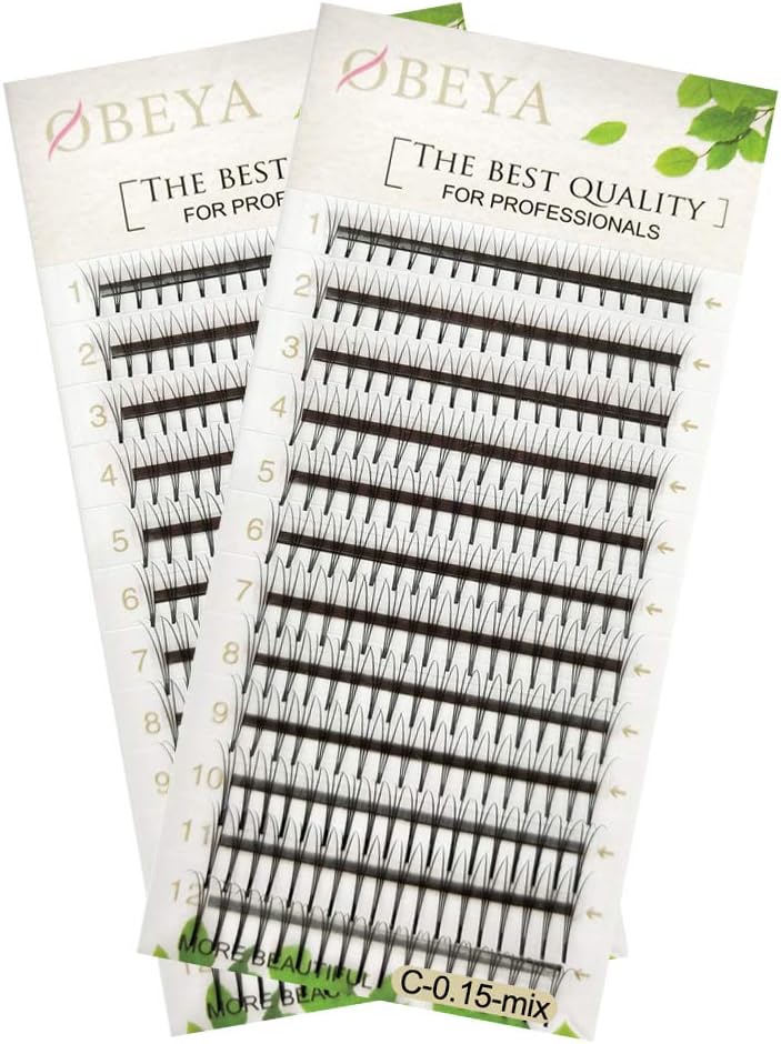3D Premade Volume Fans Eyelash Extensions C Curl 0.15mm Cluster Lashes 8-14 mixed Length False Individual Eyelashes Soft Natural for Professionals by OBEYA (2 Trays)