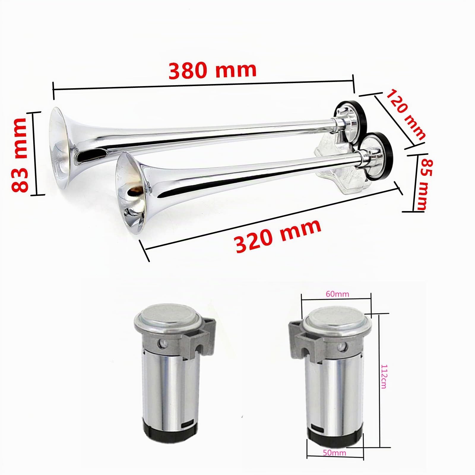 Clacson per auto Tromba ad aria Argento 165DB Horn Tromba per camion Tromba tono alto e tono basso Tromba a doppio tubo Zinco cromato Due pompe d'aria Altoparlante per 12V barca yacht RV ecc