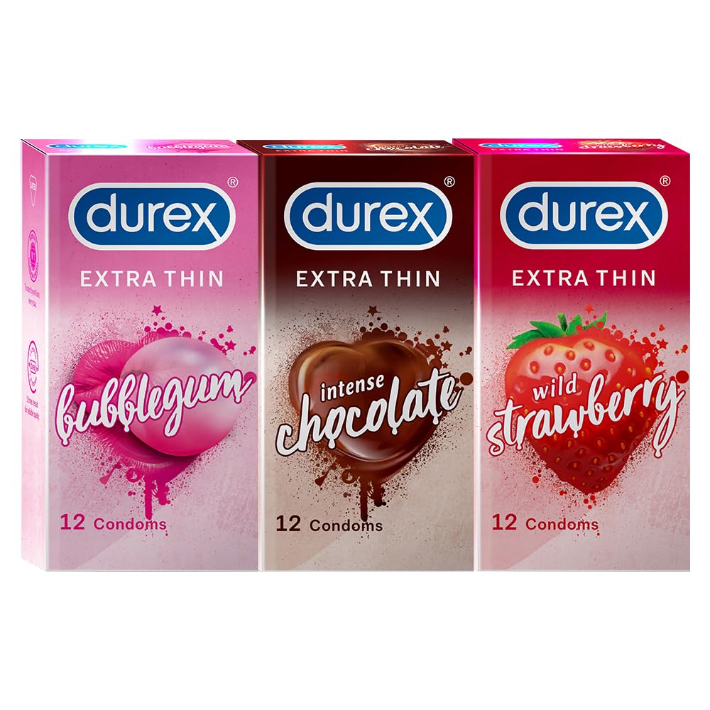 Durex Extra Thin Flavoured Condoms, 12s, Pack of 3 (Bubblegum + Chocolate + Strawberry)