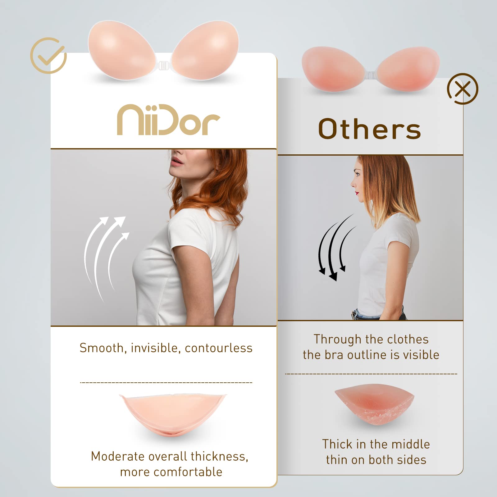 Niidor Adhesive Bra Invisible Strapless Backless Silicone with Nipple Covers Cup C Pink