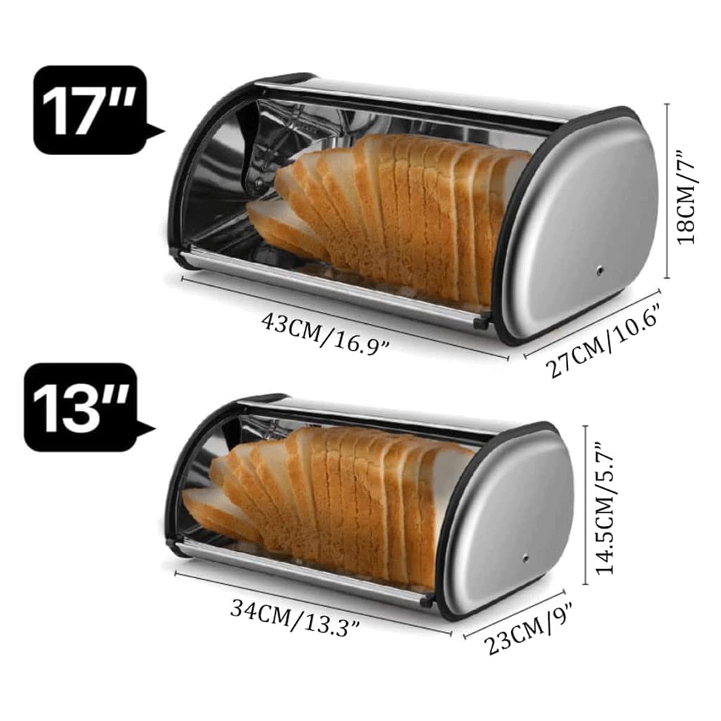 LIOONS Panera de Acero Inoxidable, panera con Tapa Enrollable para encimera de Cocina, Cubo de Almacenamiento de Pan con Tapa de Gran Capacidad