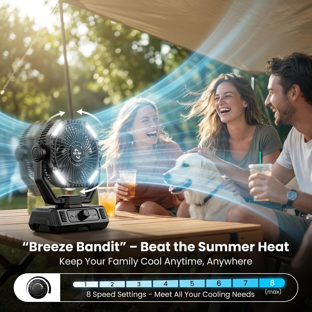 Rechargeable Camping Fan with 20000mAh Battery, 8-Speed Stepless Control, Remote, Auto Oscillating, Dual LED Light & Timer, Hanging Hook for Tent, Beach, Power Outage