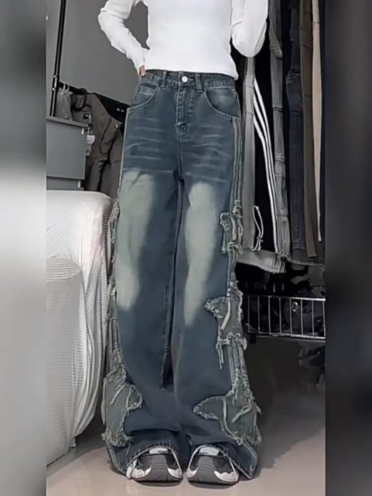 Lafaguw Womens Baggy Jeans High Waisted Wide Leg Star Jeans for