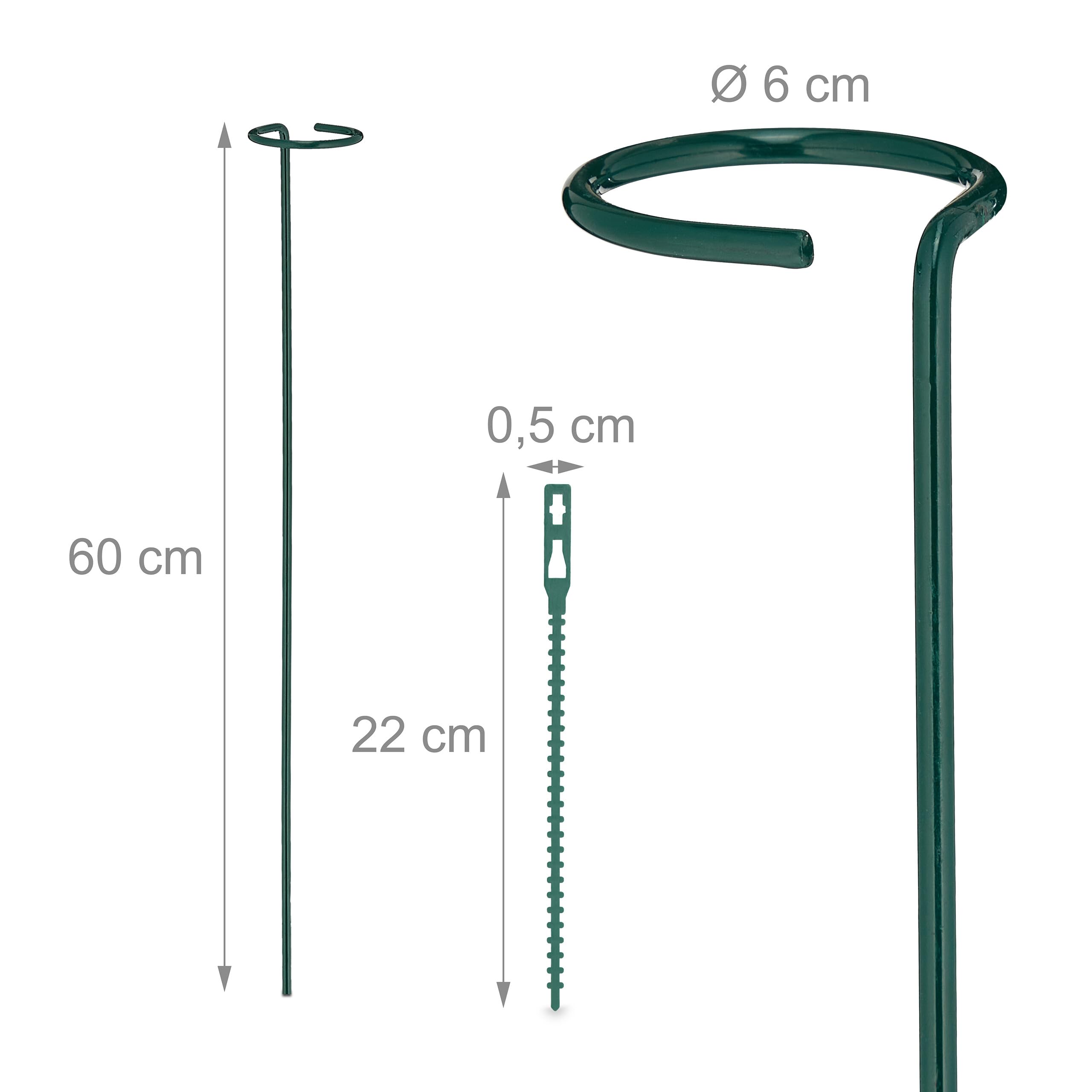 Relaxdays Metalowe pręty do roślina, zestaw 6 sztuk z pierścieniem, ogrodowe pręty z opaskami, 60 cm, ciemnozielone