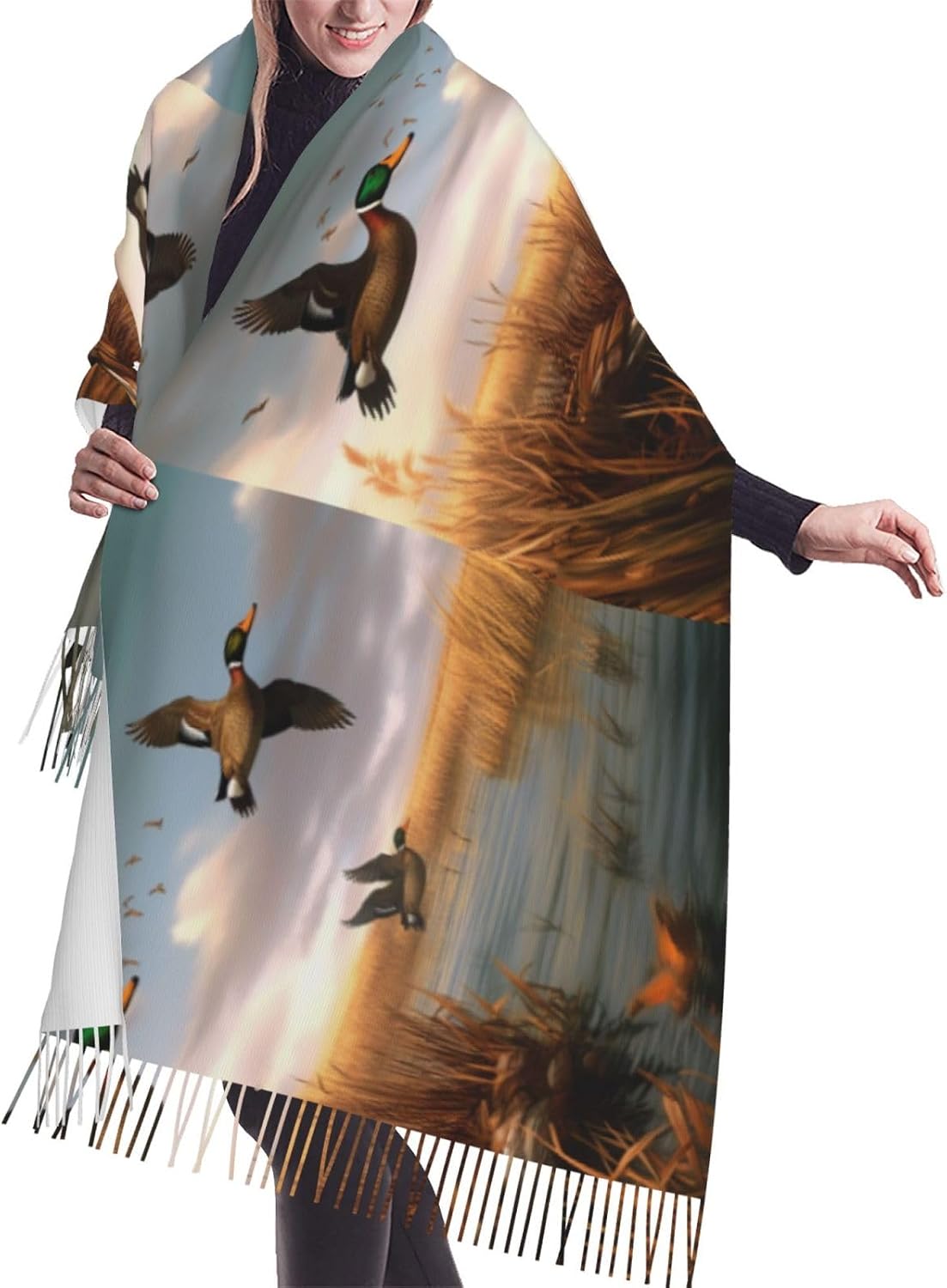 (Hunting Flying Wild Ducks) Women's Soft Warm Scarf Large Plush Shawl Wrap with Fringe Fashion Winter Scarves for Cold Weather