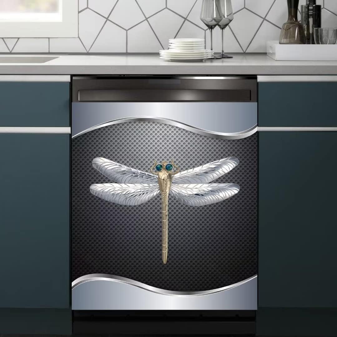 Silver Stainless Steel Dragonfly Magnet Dishwasher Decorative Cover, Honeycomb Stainless Steel Vinyl Magnetic Dishwasher Panel Decal, Dragonfly Dishwasher Magnet Cover, 23" W x 26" H Magnetic