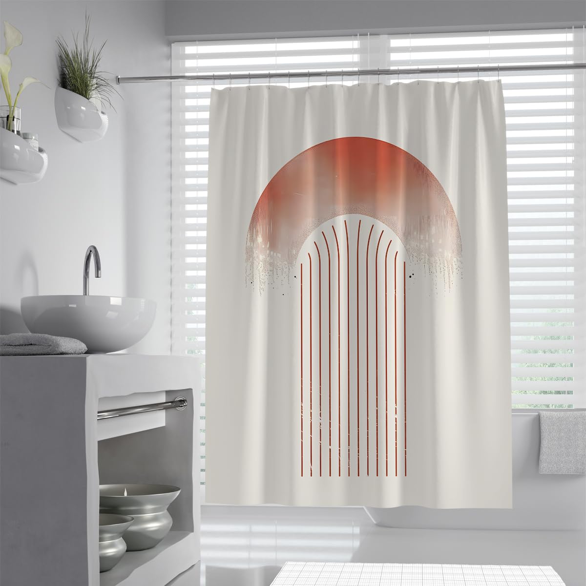 Uiringart Shower Curtains Terracotta Abstract Geometric Sun W180xl200cm Mid Century Nordic Mildew Resistant Waterproof Walk In Shower Decor With Hook