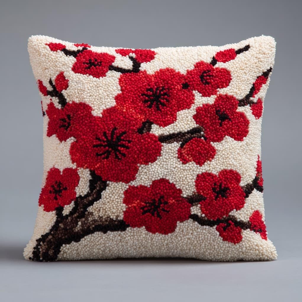 Henypt Latch Hook Embroidery Kit,Plum Blossom Branches 43x43cm Sofa Cushion Cover Making Set,Beginner Friendly Craft Kit for Adults,Handmade Gifts
