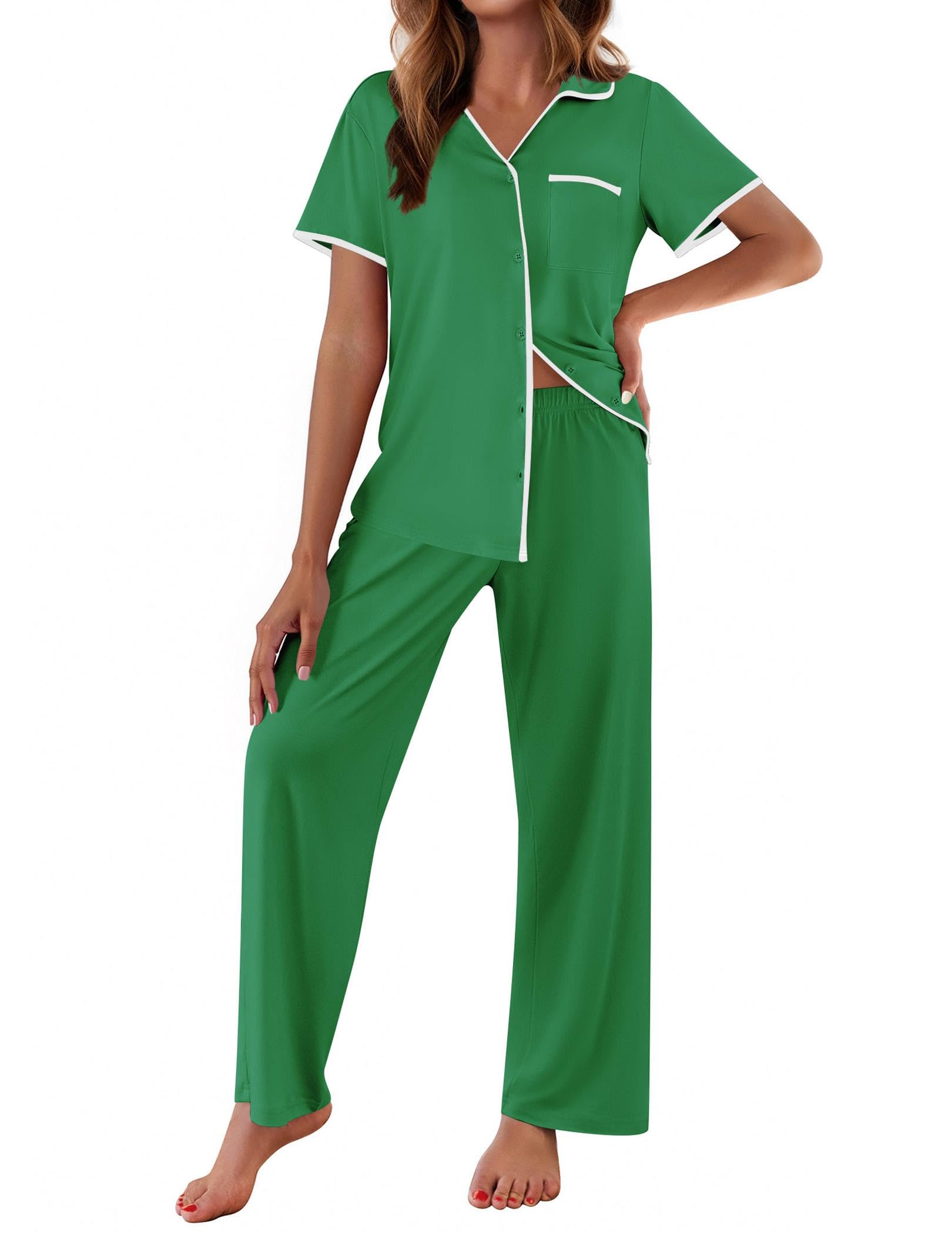 Ekouaer Women Pajamas Button Down Notch Collar Soft Short Sleeve Pjs with Long Pant Lounge Set