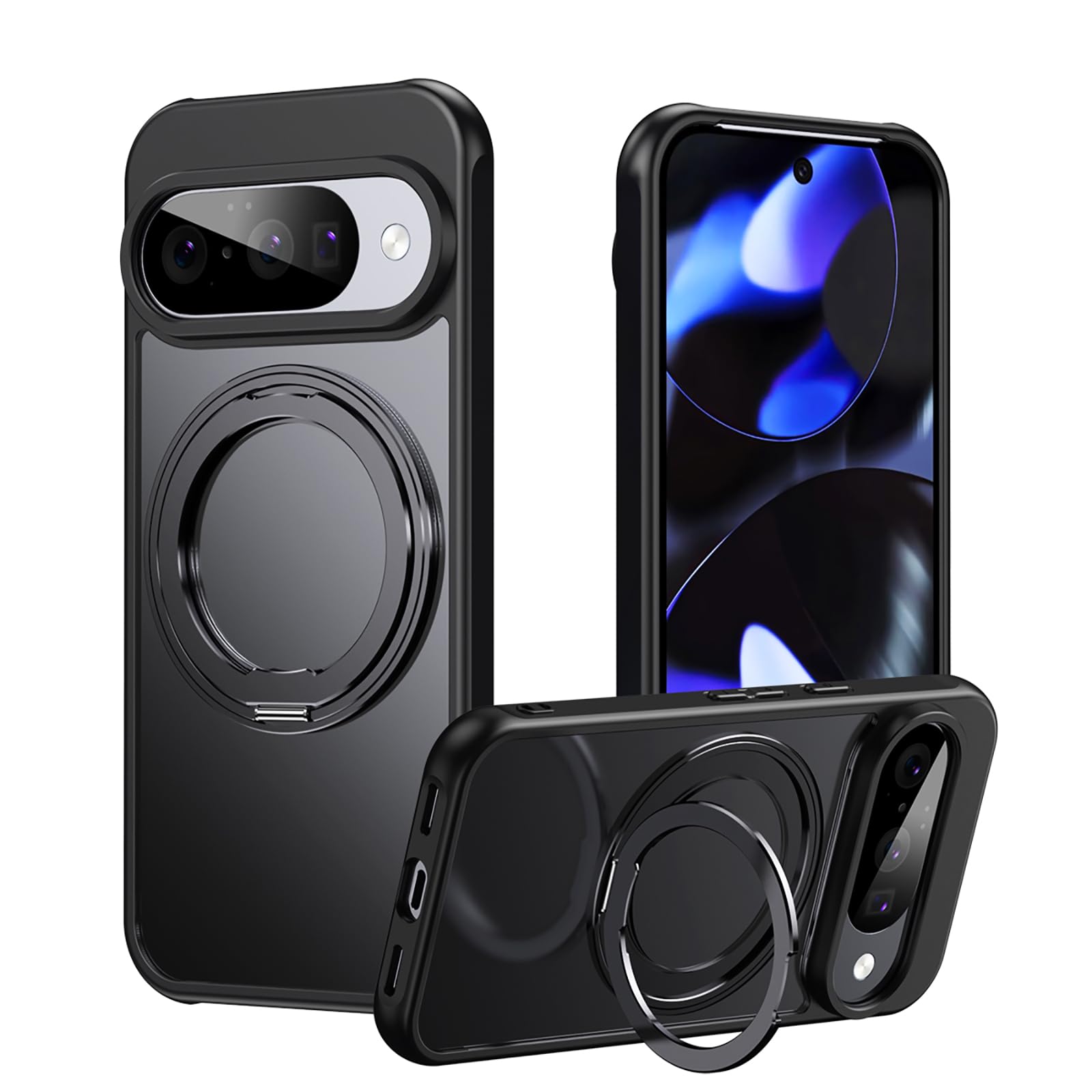 Casesmo Google Pixel 10 Pro XL 用 ケース リング付 MagSafe対応 マグネット搭載 ワイヤレス対応【360度回転できるスタンド】多機能一体 縦横両対応 半透明 グーグル ピクセル テン プロ エックスエル用カバー 耐衝撃 TPU+PC 米軍MIL規格取得 マット感 耐衝撃 指紋防止 レンズ保護 ストラップホール付き スマホケース，マットブラック