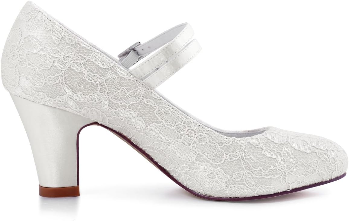 ElegantPark HC1808 Women Cross Ankle Strap Pumps Chunky Heel Closed Toe Satin Bridal Wedding Shoes Ivory US