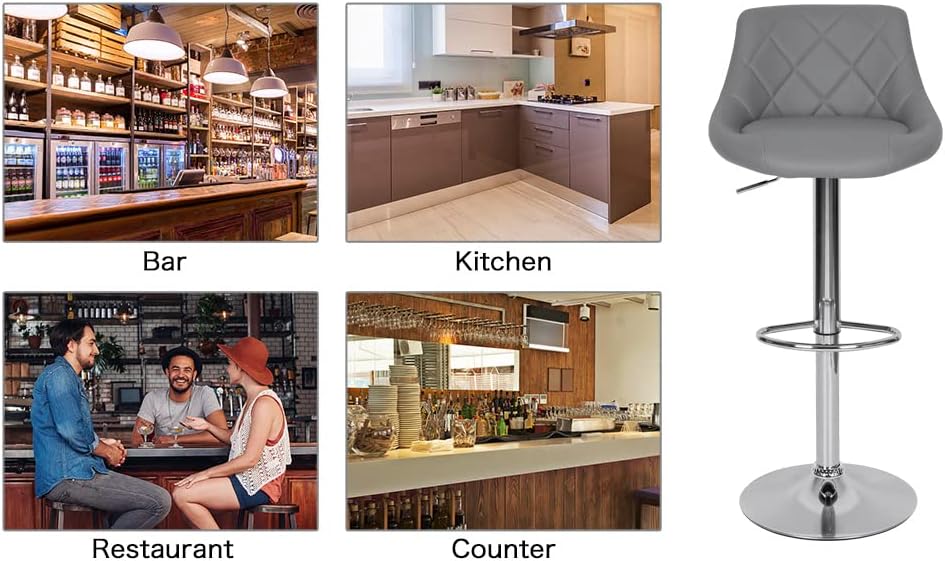 Vista 8 de ORISTUS Juego de 4 taburetes de bar grises 2022 taburetes de bar giratorios con respaldo piel sintética altura ajustable moderno taburete de bar