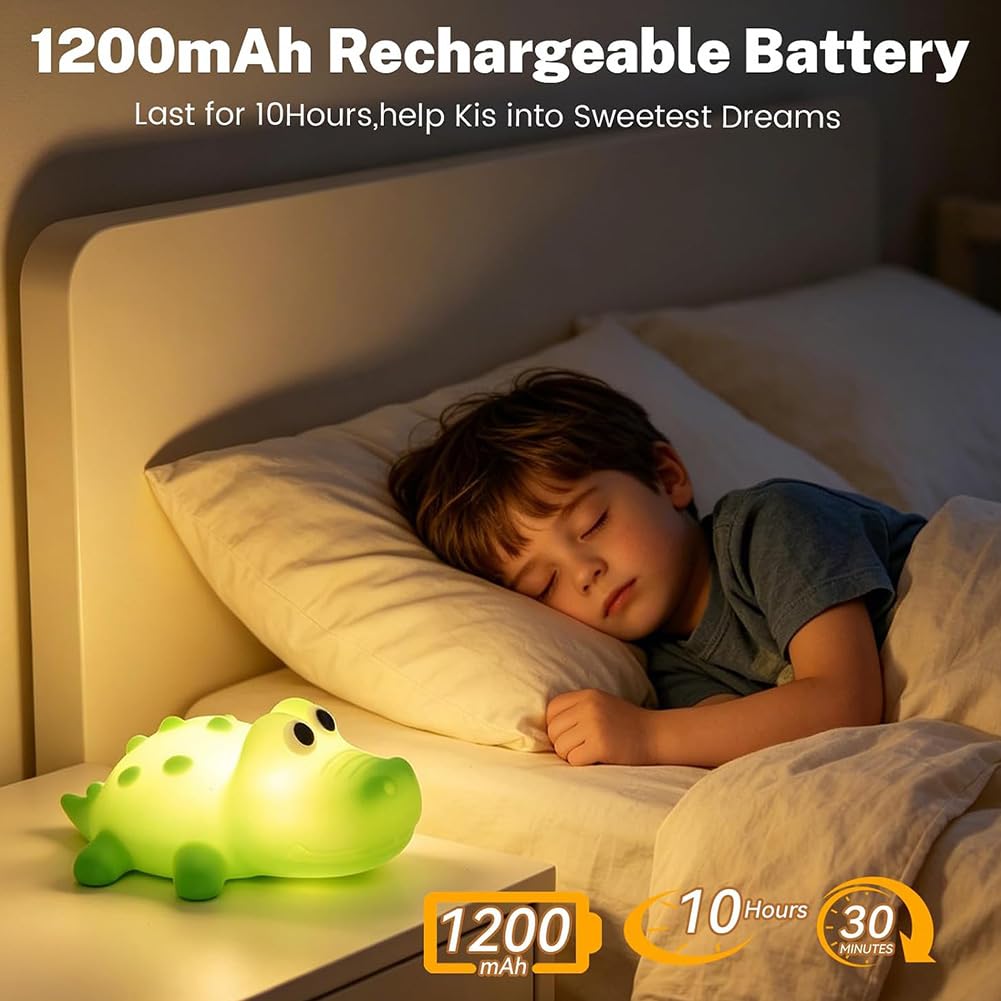 Luz Noche LED para Niños Luz Noche de Cocodrilo para Bebés 3000 K, Iluminación Cálida y Modo RGB Lámpara Infantil de Silicona Suave con Temporizador de 30 Minutos Aplique sin Conexión,Verde